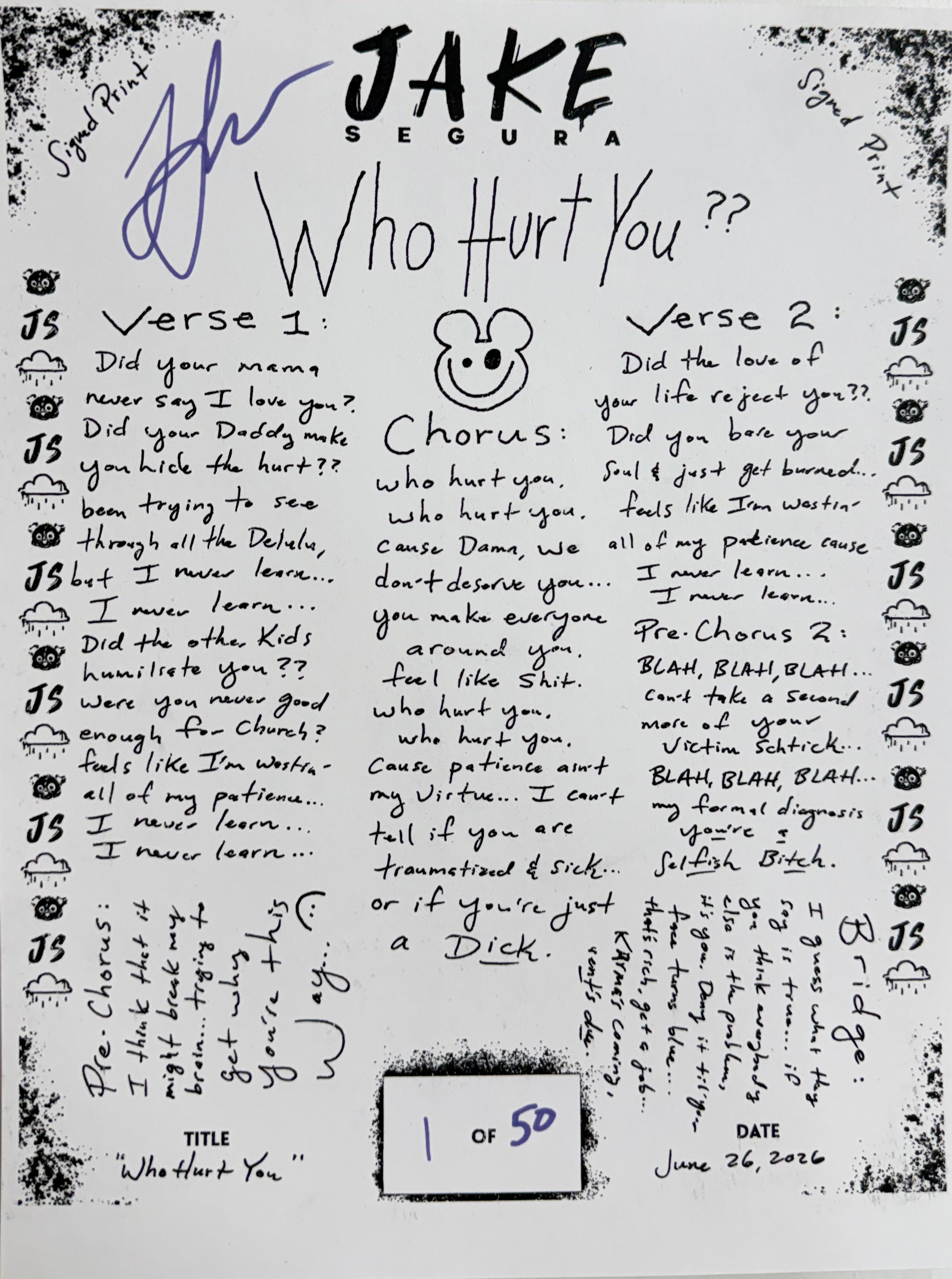 Who Hurt You Lyric Sheet - Signed Print