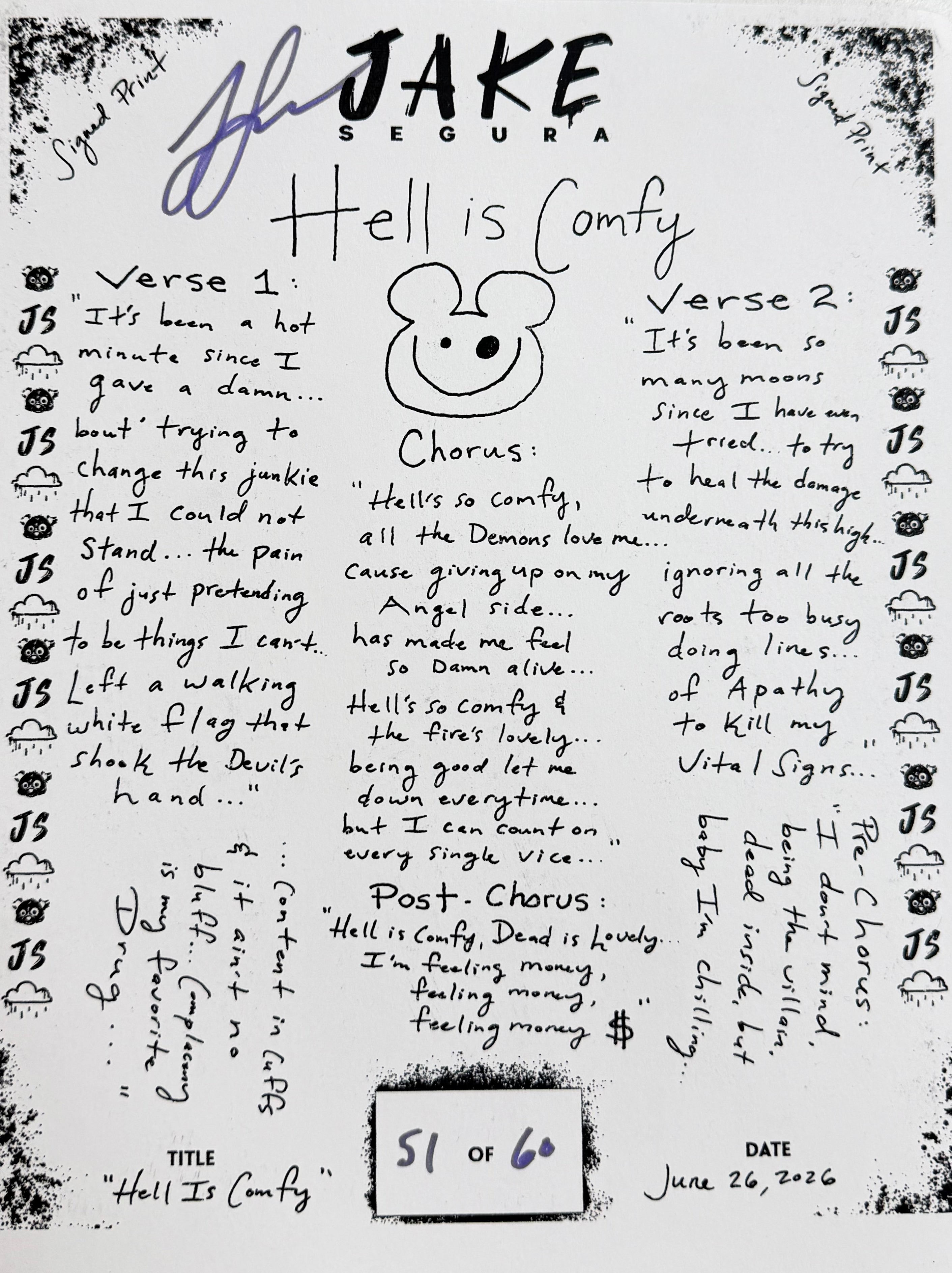 Hell Is Comfy Lyric Sheet - Signed Print