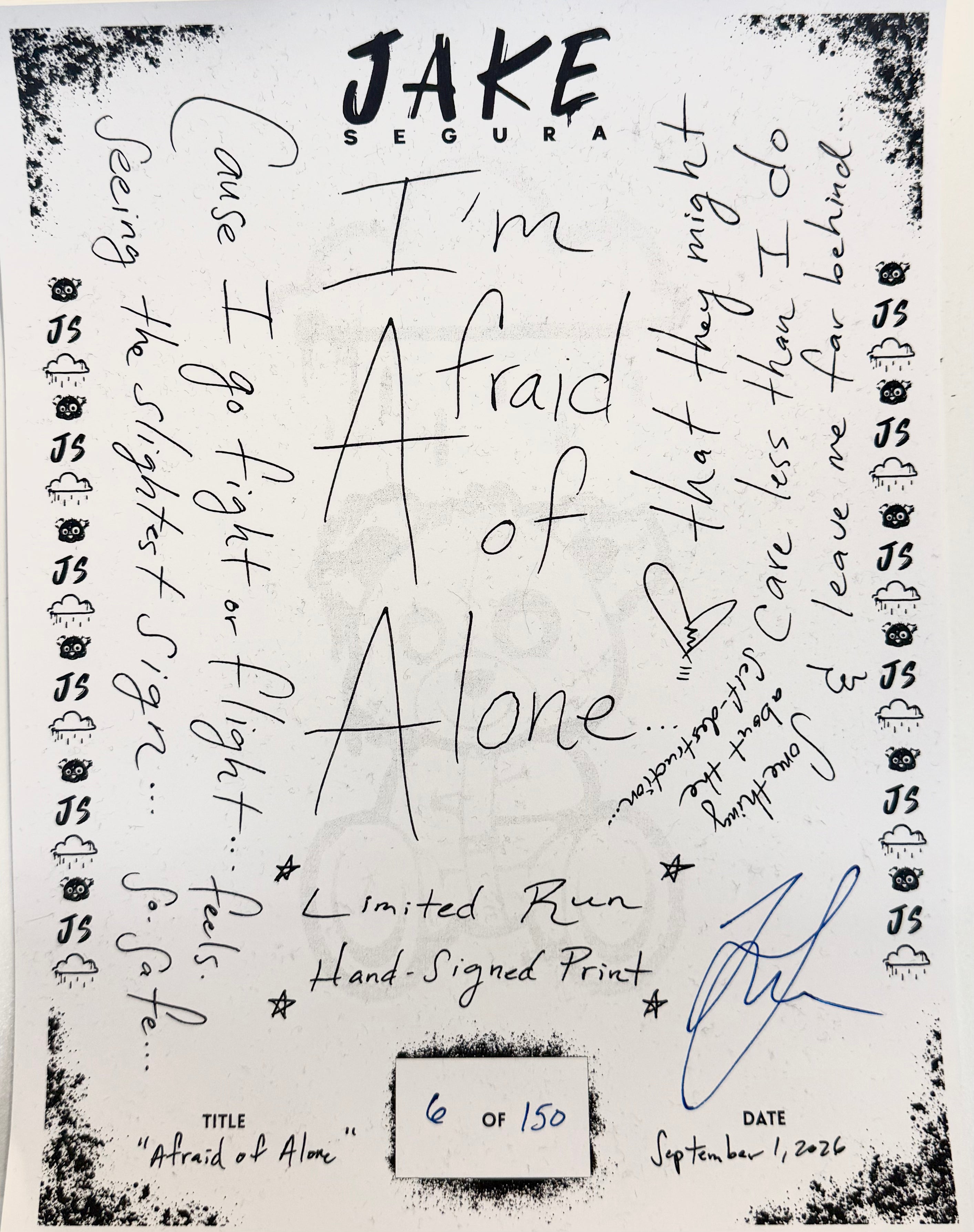 "Afraid Of Alone" Lyric Sheet - Signed Print